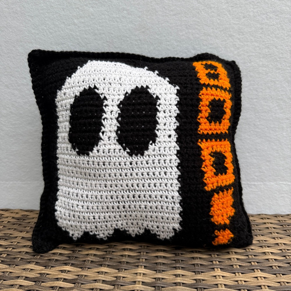 Handmade Crochet Ghost BOO Halloween Pillow 12x12 Black Orange White Decor